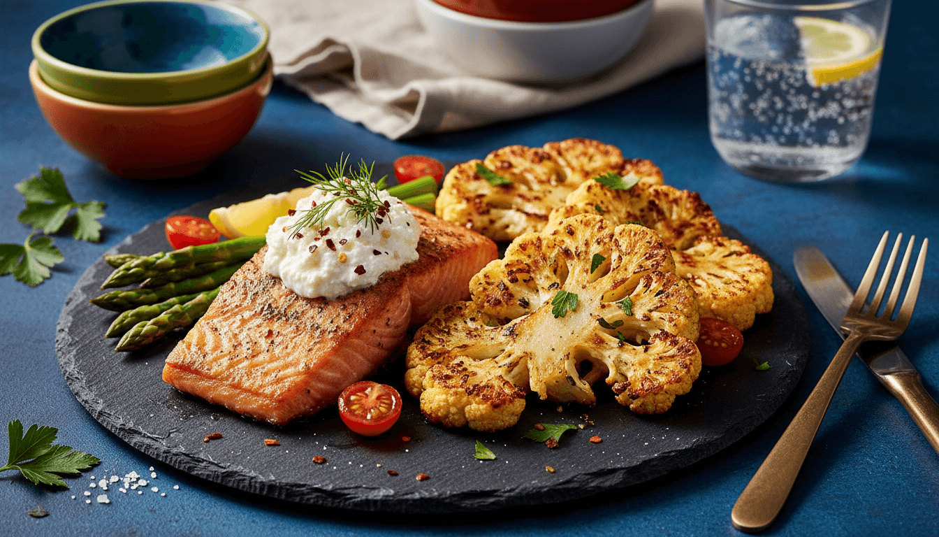 Pan-Seared Salmon with Whipped Feta and Roasted Cauliflower