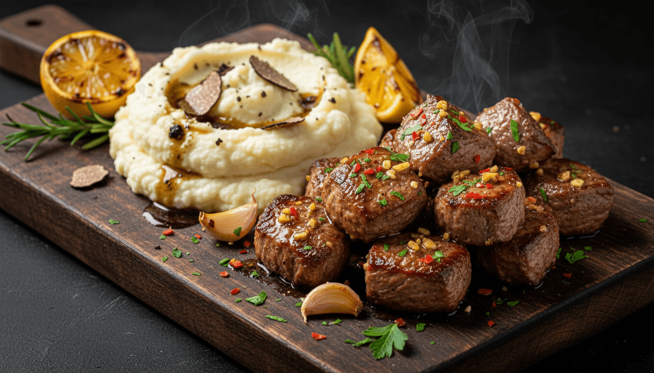 Garlic Butter Steak Bites with Truffle Cauliflower Mash