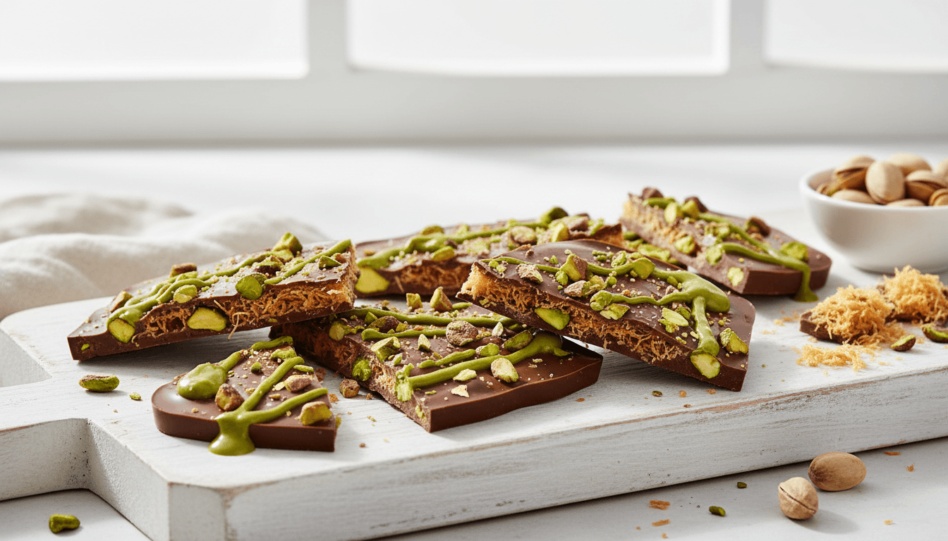 Dubai-Style Pistachio Kunafa Chocolate Bark
