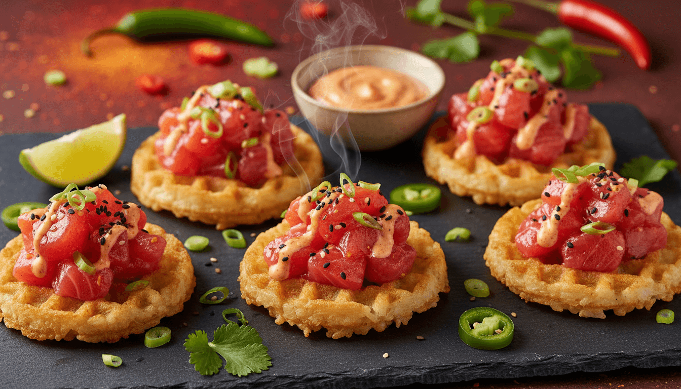 Spicy Salmon Crispy Rice Waffles