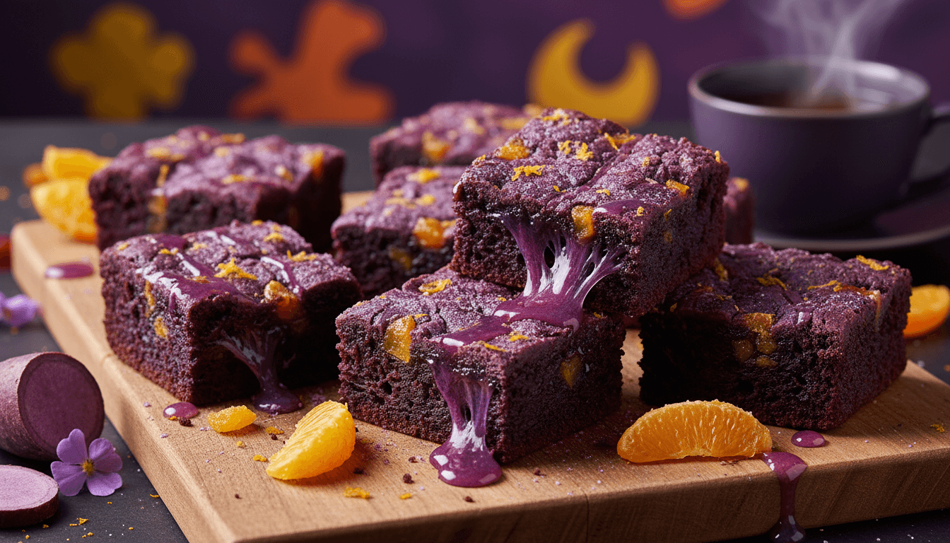 Ube Mochi Brownies with Candied Orange Peel
