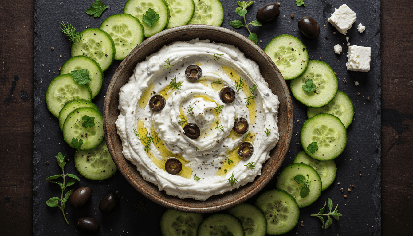 Creamy Whipped Feta & Kalamata Dip with Herbed Cucumber Rounds